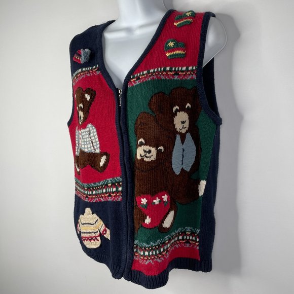 Vintage 90s Capacity Teddy Bear Sweater Vest Size M Red Blue Patchwork Zip Up - Picture 7 of 8
